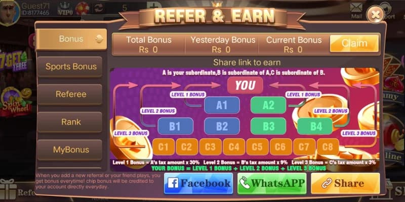 Teen Patti Tiger Refer and Earn Program Screen