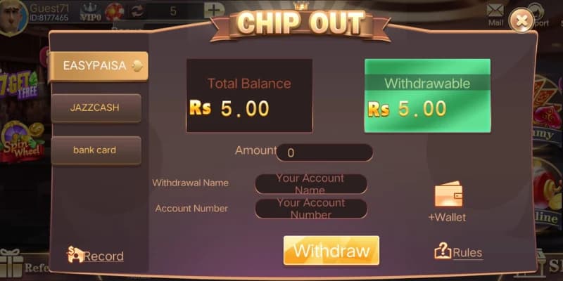 Teen Patti Tiger Withdrawal Screen – JazzCash and EasyPaisa